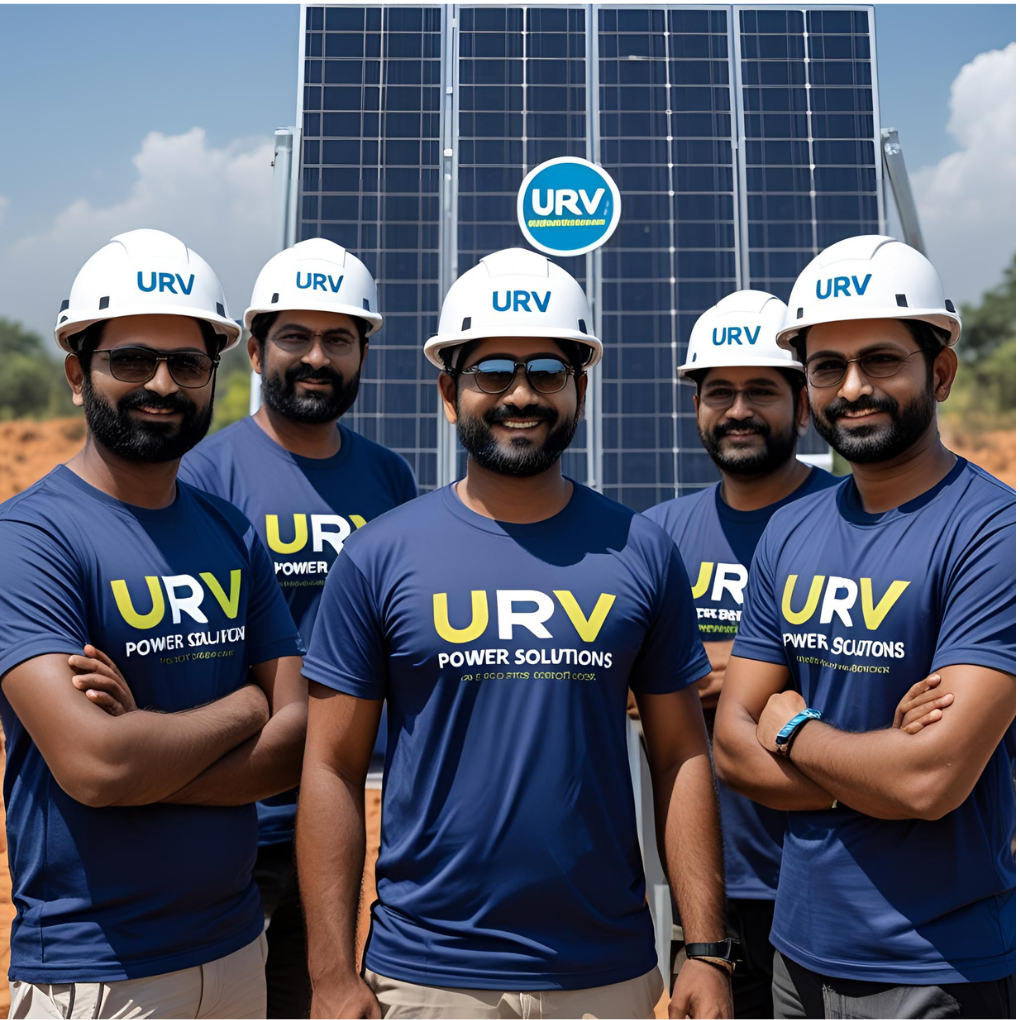 URV Power Solutions solar installation team standing in front of solar panels in Patna, Bihar